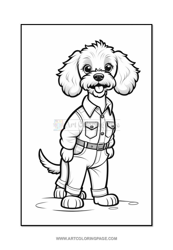 A cartoon dog with curly fur is wearing a button-up shirt and overalls, standing and smiling with its tongue out. The drawing is black and white, featuring prominent facial features like big eyes and a fluffy coat.