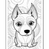 A cartoon-style outline drawing of a seated dog with large ears and big eyes, surrounded by spiral patterns in the background.