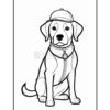 A cartoon-style dog sitting down, wearing a hat and a collar with a tag, illustrated in black and white for coloring.