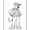A cartoon dog character standing upright, wearing a cap and a backpack, dressed in a work outfit with a buttoned shirt and pants, smiling confidently.