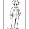 A cartoon dog standing upright, wearing a button-up shirt with two chest pockets and long pants, presenting a friendly demeanor with a slight smile.