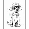 A cartoon-style dog wearing a cap and glasses, sitting with a collar and tag, depicted in an outlined drawing suitable for coloring.