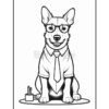 A cartoon-style dog wearing glasses, a collared shirt, and a tie, sitting at a desk with a pen holder and some pencils, depicted in a black and white outline for coloring.