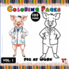A coloring page featuring two cartoon pigs; one in a doctor's coat and the other in an outline style, titled 