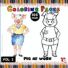 Coloring page featuring two images of a pig: one in a colorful outfit and the other as an outline for coloring.