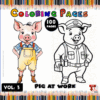 A colorful promotional image for a pig-themed coloring book featuring a cartoon pig in overalls and a pig wearing a police uniform.