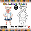 A cartoon-style coloring page featuring a pig in glasses wearing a skirt and a pig in a striped shirt, with colored pencils as a border.