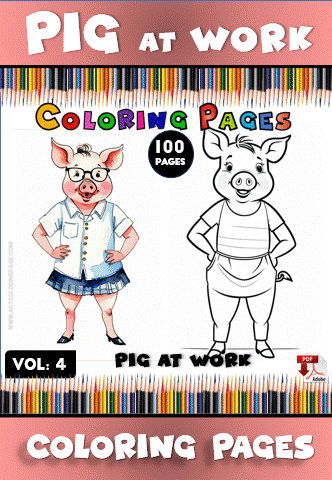 A cartoon-style coloring page featuring a pig in glasses wearing a skirt and a pig in a striped shirt, with colored pencils as a border.