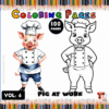 A coloring page featuring a chef pig in two styles: a colored illustration on one side and a black-and-white outline on the other.