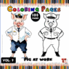 A cartoon pig in a police officer's uniform, one version colored and the other outlined for coloring, with colorful pencils in the background.
