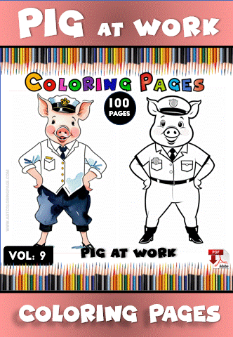 A cartoon pig in a police officer's uniform, one version colored and the other outlined for coloring, with colorful pencils in the background.