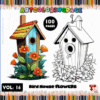 Coloring page featuring a birdhouse surrounded by flowers, promoting artcoloringpage.com with cozy coloring book themes.