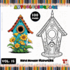 Coloring page featuring a colorful birdhouse with flowers, promoting artcoloringpage.com and cozy coloring book series.