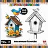 Bird house design with flowers, featuring two birds, labeled 