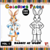 A coloring page featuring a cartoon rabbit in a lab coat on the left and a black-and-white outline of the same rabbit on the right, labeled 