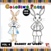 Two cartoon rabbits in lab coats, one colored and one outlined for coloring, with the title 