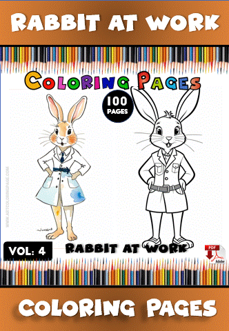 Two cartoon rabbits in lab coats, one colored and one outlined for coloring, with the title "Rabbit at Work" at the bottom.