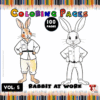 A coloring page featuring two cartoon rabbits in work attire, one colored and one in outline, with the title 