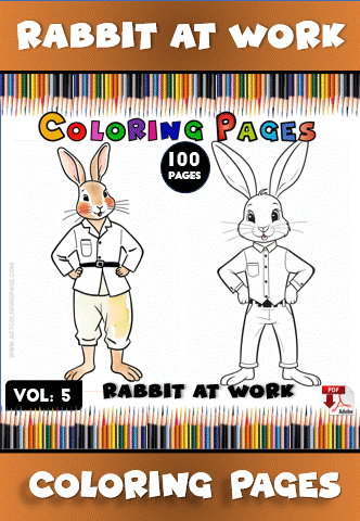 A coloring page featuring two cartoon rabbits in work attire, one colored and one in outline, with the title "Rabbit at Work" and a colorful pencil border.