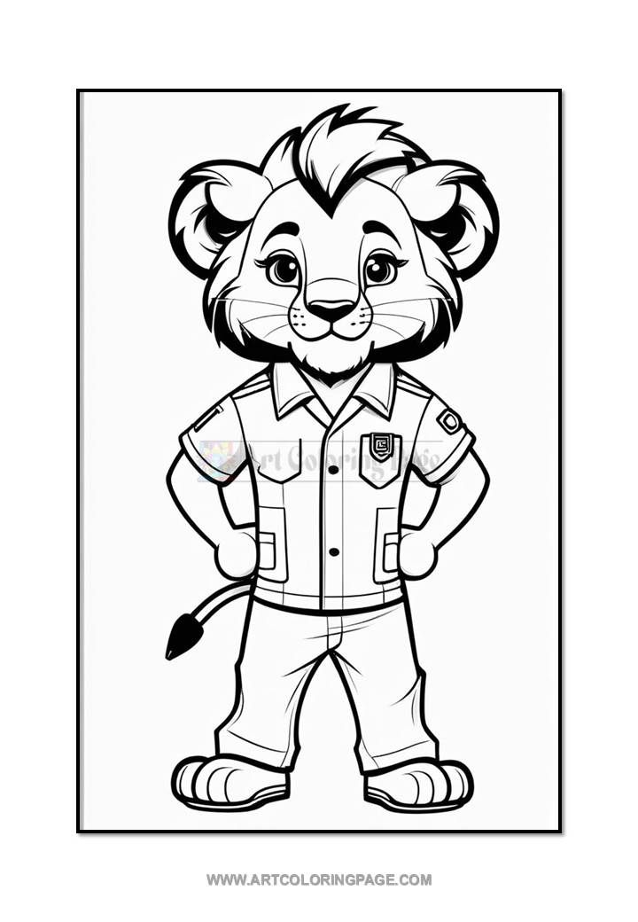 A cartoon lion character with a friendly expression, wearing a button-up shirt and trousers, standing with hands on hips. The lion has a tuft of styled hair and is in a simple black and white coloring page format.