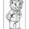 A cartoon lion character wearing a button-up shirt and pants, with a confident expression and hands on his hips. The lion has a fluffy mane and large expressive eyes, adding to its friendly appearance. The image is outlined in black and is suitable for coloring.