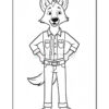 A cartoon wolf character standing confidently with hands on hips, wearing a button-up shirt and jeans, depicted in black and white line art for coloring.