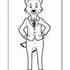 A cartoon fox character stands confidently with hands on hips, wearing a formal suit and tie. The character has prominent ears, a snout, and a furry tail, depicted in a black and white coloring book style.