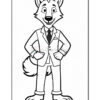 A cartoon wolf character wearing a suit and tie, standing with hands on hips and a friendly smile, against a blank background. The character has large ears and a bushy tail, emphasizing its animal features.