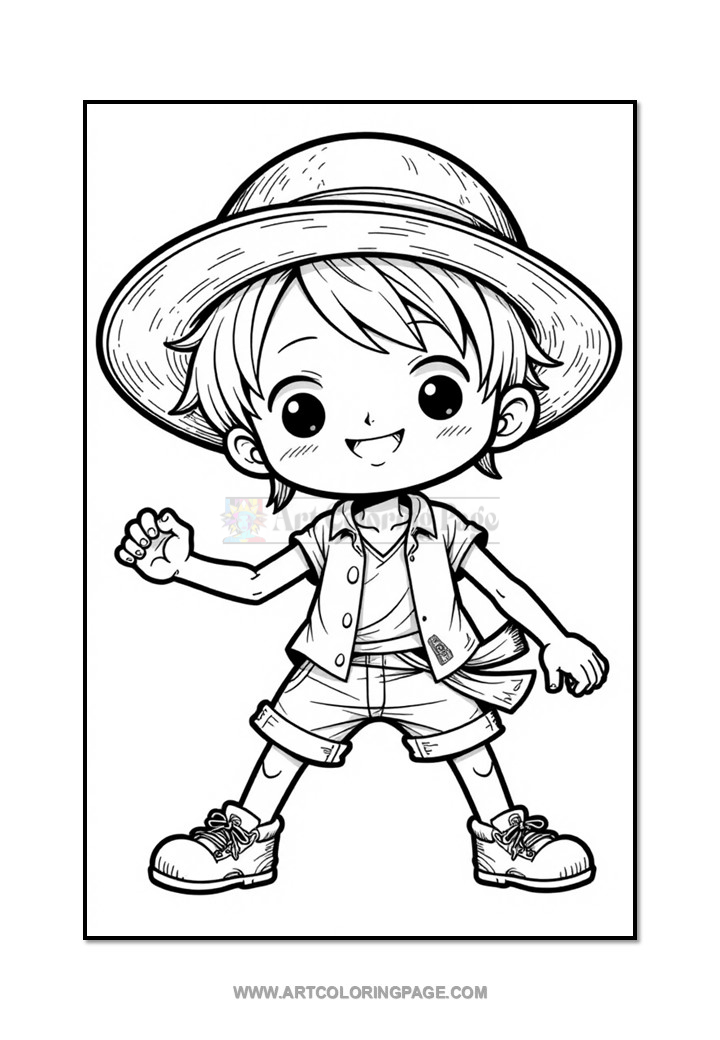 A cartoon-style young boy with short hair, wearing a wide-brimmed hat, a short-sleeved shirt, shorts, and sneakers, posing playfully with one hand raised and a cheerful expression.