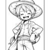 A cheerful cartoon character with short hair, wearing a large straw hat and a jacket, standing confidently with a hand on their hip and a big smile. The illustration is in black and white, suitable for coloring.