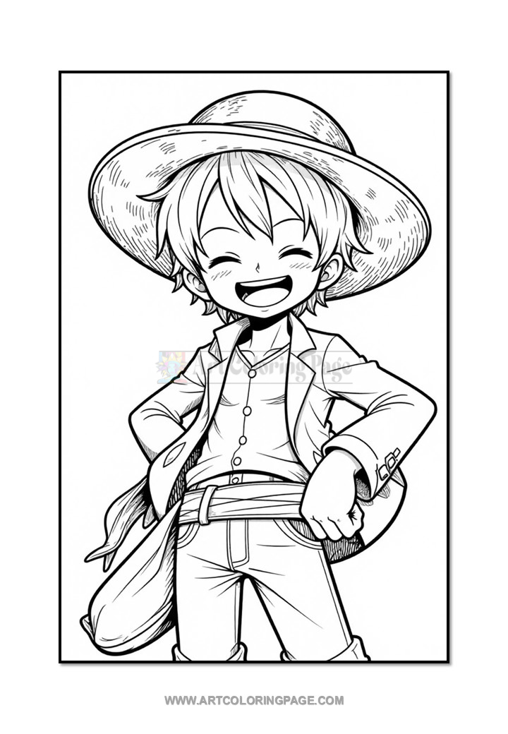 A cheerful cartoon character with short hair, wearing a large straw hat and a jacket, standing confidently with a hand on their hip and a big smile. The illustration is in black and white, suitable for coloring.