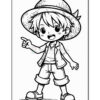 A cartoon character with spiky hair wearing a wide-brimmed hat, a short-sleeved shirt, and shorts, standing with one hand raised and pointing, exuding a cheerful expression.