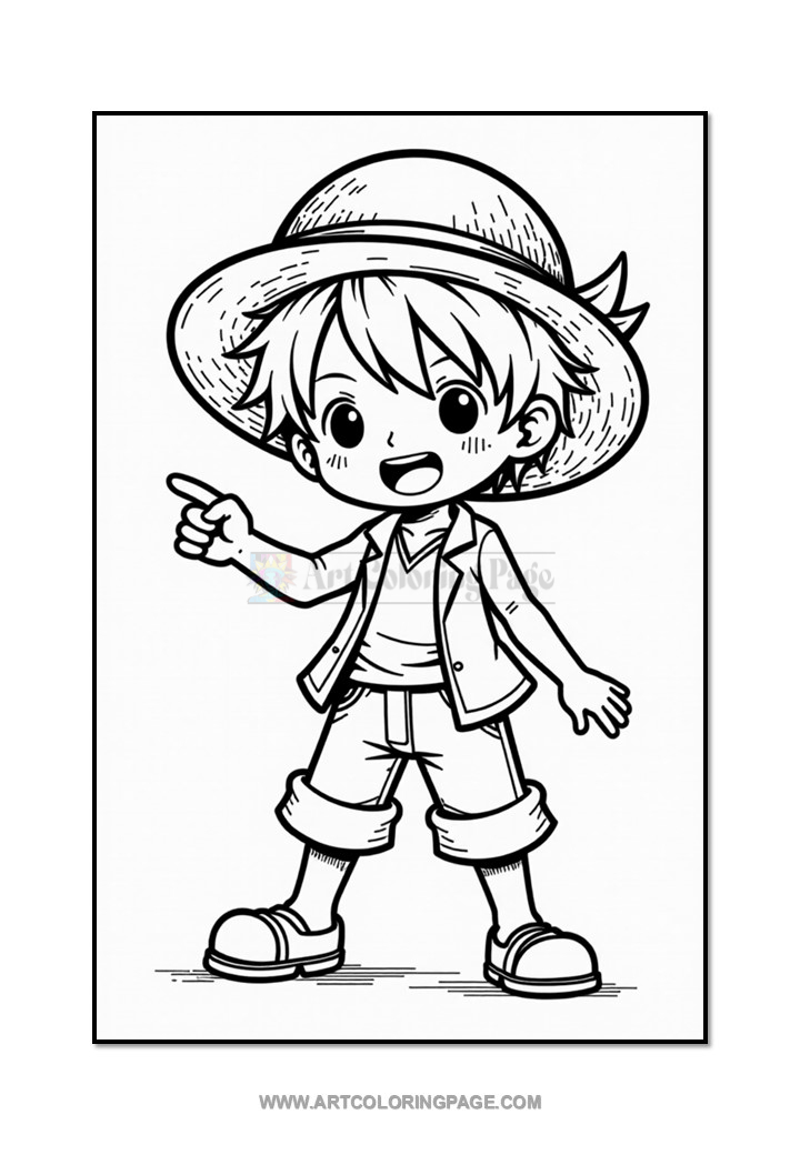 A cartoon character with spiky hair wearing a wide-brimmed hat, a short-sleeved shirt, and shorts, standing with one hand raised and pointing, exuding a cheerful expression.
