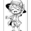 A cheerful, cartoon-style child wearing a wide-brimmed hat and a short-sleeved shirt, raising one hand in a victorious gesture. The child has spiky hair and is dressed in shorts and sneakers. The image is in black and white and features bold outlines, typical of coloring pages.