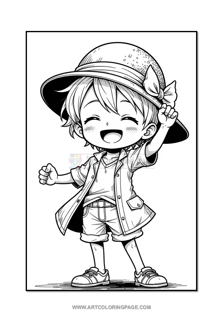A cheerful, cartoon-style child wearing a wide-brimmed hat and a short-sleeved shirt, raising one hand in a victorious gesture. The child has spiky hair and is dressed in shorts and sneakers. The image is in black and white and features bold outlines, typical of coloring pages.