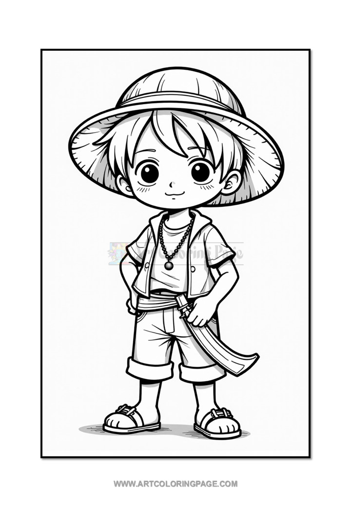 A young boy character wearing a large hat and casual clothing, standing confidently with a sword at his side, featuring a playful expression. The illustration is in black and white, suitable for coloring.