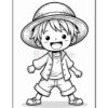 A cartoon-style, black and white illustration of a cheerful young boy wearing a large straw hat, a short-sleeved button-up shirt, and shorts, standing with arms outstretched and a big smile on his face.