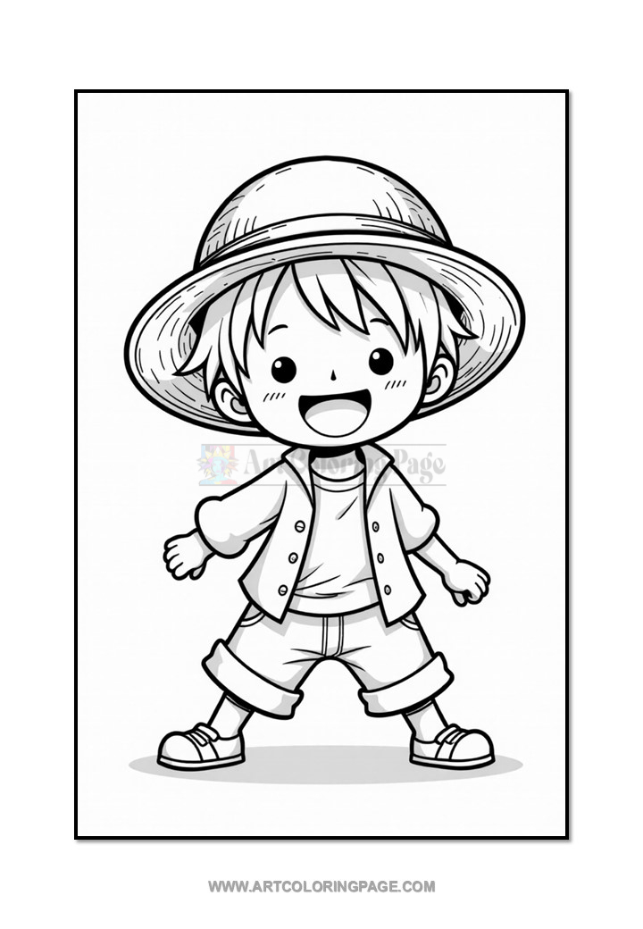 A cartoon-style, black and white illustration of a cheerful young boy wearing a large straw hat, a short-sleeved button-up shirt, and shorts, standing with arms outstretched and a big smile on his face.