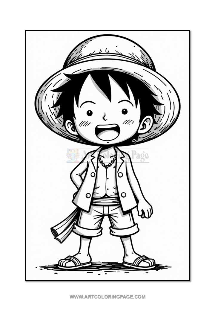 A cartoon character with a wide smile, wearing a large straw hat, a short-sleeved shirt, shorts, and sandals, standing casually with one hand on his hip.