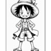 A cartoon-style black and white illustration of a young boy with short spiky hair, wearing a large straw hat, a light colored shirt, and shorts, standing confidently with a big smile and sandals.