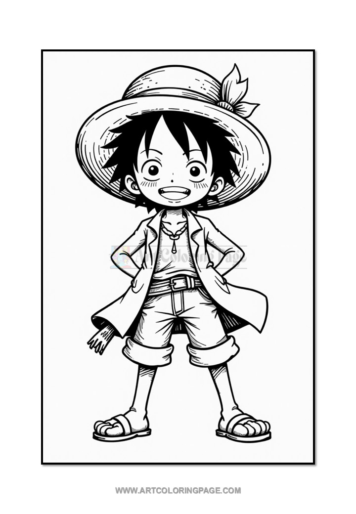A cartoon-style black and white illustration of a young boy with short spiky hair, wearing a large straw hat, a light colored shirt, and shorts, standing confidently with a big smile and sandals.