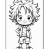A cartoon-style character with spiky hair stands confidently, wearing a short-sleeved shirt, t-shirt, and shorts, with sneakers. The image is outlined in black and white, suitable for coloring.