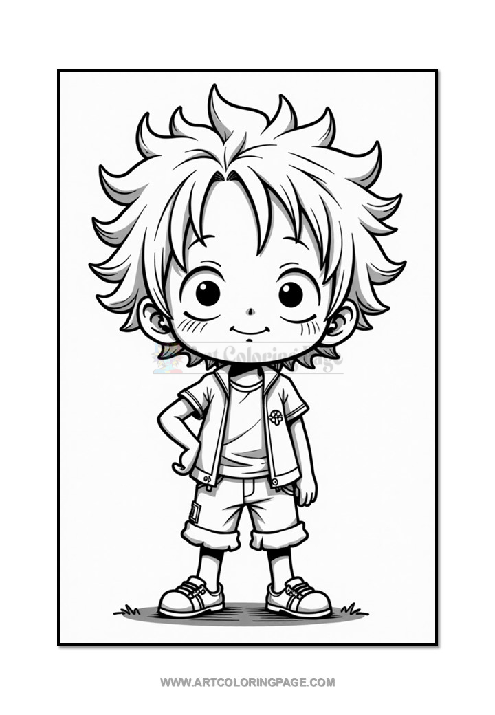 A cartoon-style character with spiky hair stands confidently, wearing a short-sleeved shirt, t-shirt, and shorts, with sneakers. The image is outlined in black and white, suitable for coloring.