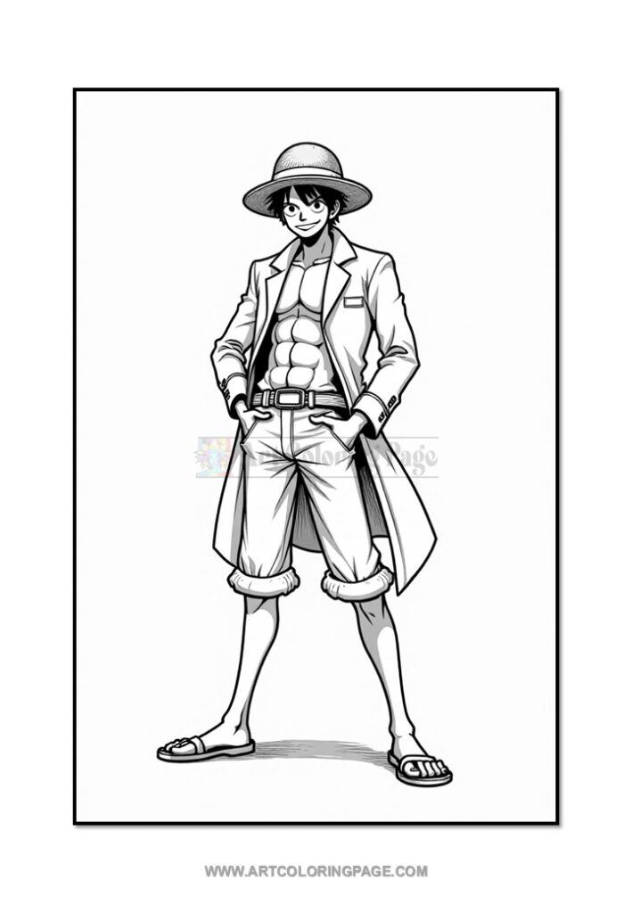 A stylized black and white illustration of a young boy wearing a straw hat, a long coat, a fitted shirt revealing a muscular torso, and shorts with rolled cuffs, standing confidently with his hands in his pockets.
