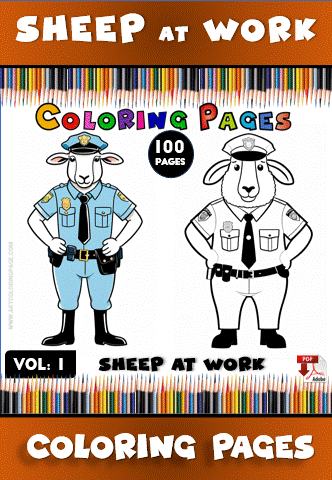 Two cartoon sheep dressed as a police officer and a security officer, with colorful pencils in the background and the title "Sheep at Work Coloring Pages."