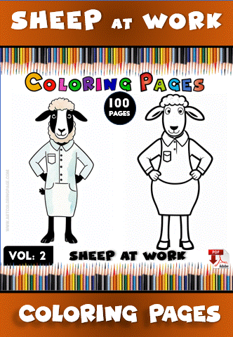 Coloring page featuring two cartoon sheep in clothing, labeled "Sheep at Work." Ideal for cozy coloring book enthusiasts at artcoloringpage.com.