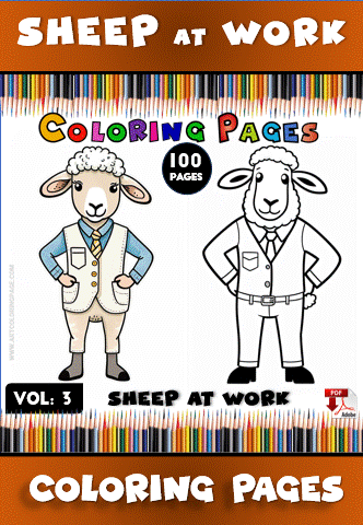 Coloring page featuring two sheep in suits, promoting "Sheep at Work" from a cozy coloring book on artcoloringpage.com.