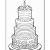 A three-tiered birthday cake with floral decorations, a candle on top, and a decorative plate underneath, outlined for coloring.