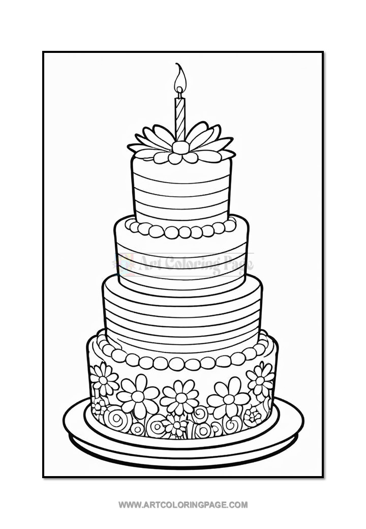A three-tiered birthday cake with floral decorations, a candle on top, and a decorative plate underneath, outlined for coloring.