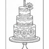A three-tiered birthday cake on a pedestal, decorated with swirling patterns and large flowers, topped with a single candle.